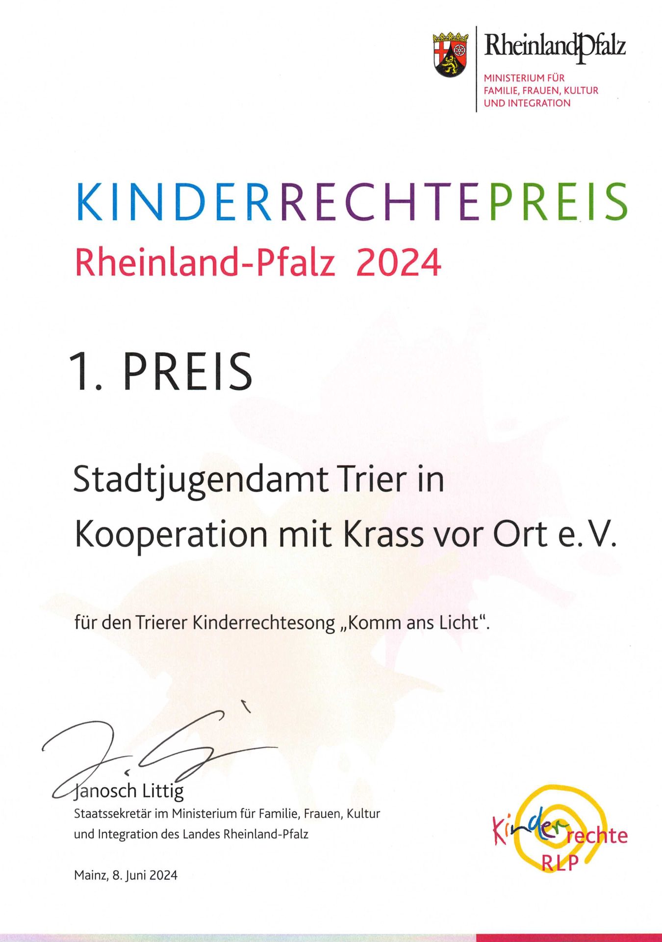 1. Preis für KRASS vor Ort Trier beim Kinderrechtepreis RLP